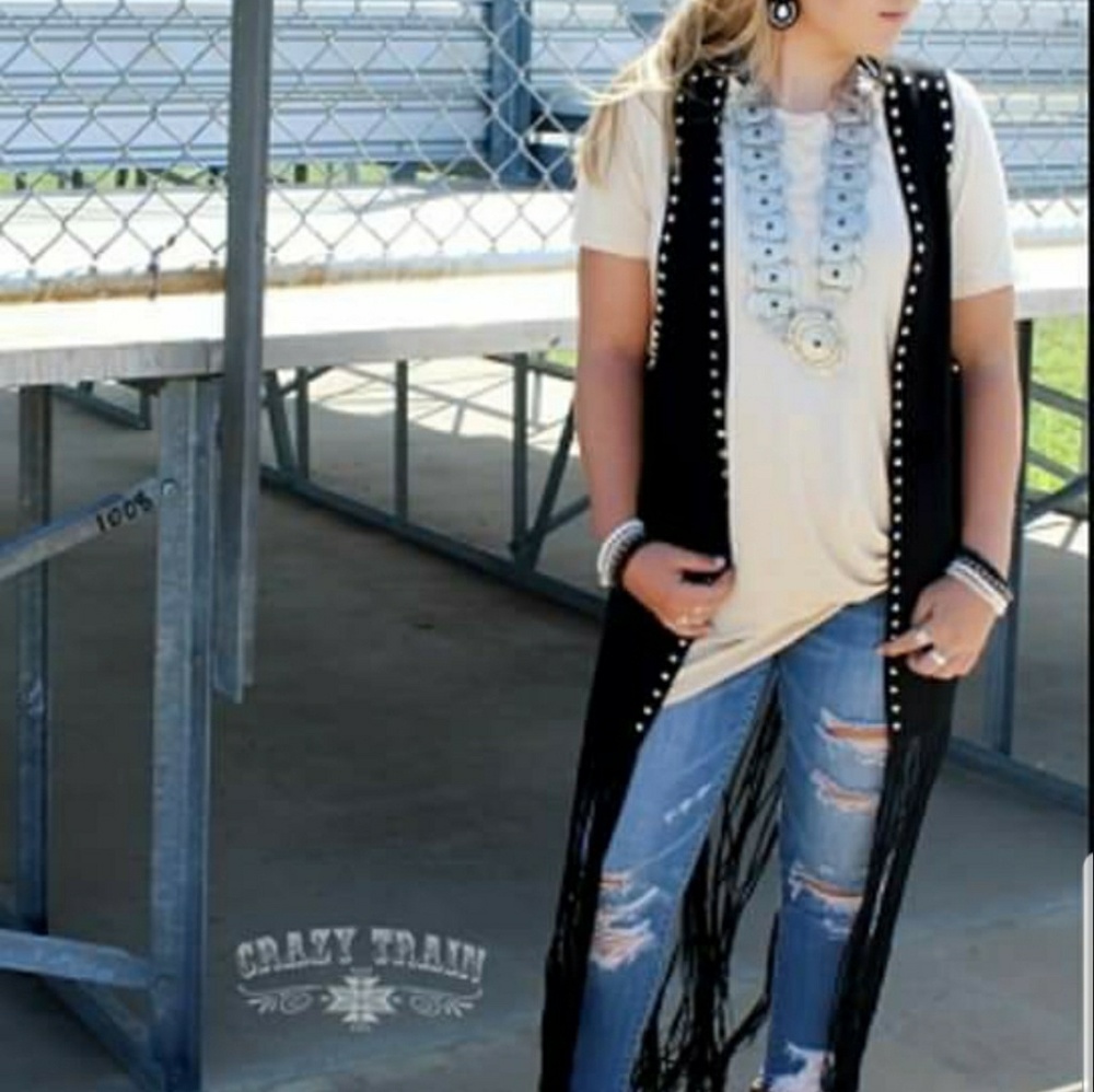 Maxie length Black Studded Fringe duster